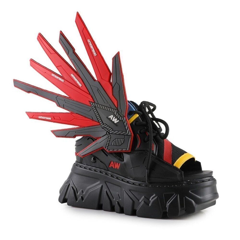 Anthony Wang Punk Rave Black Wedge Women Winged Open Toe Platform Sandals 7 & 8
